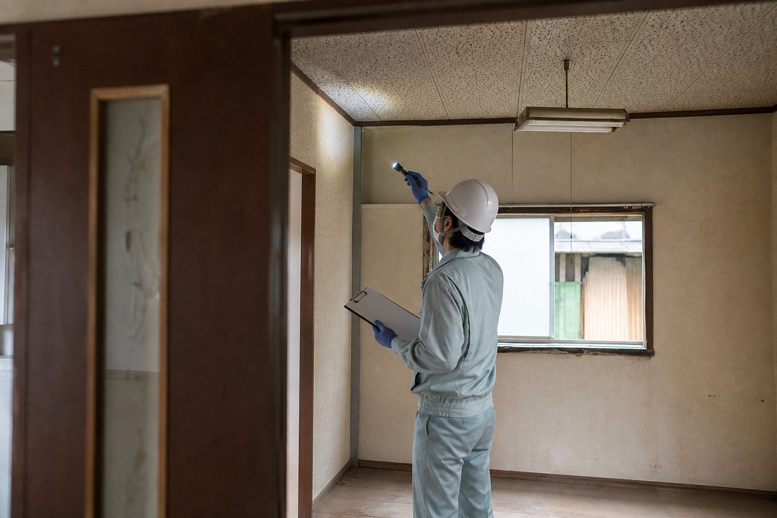 古い家の室内で、作業員が壁や天井の建材を目視確認する様子