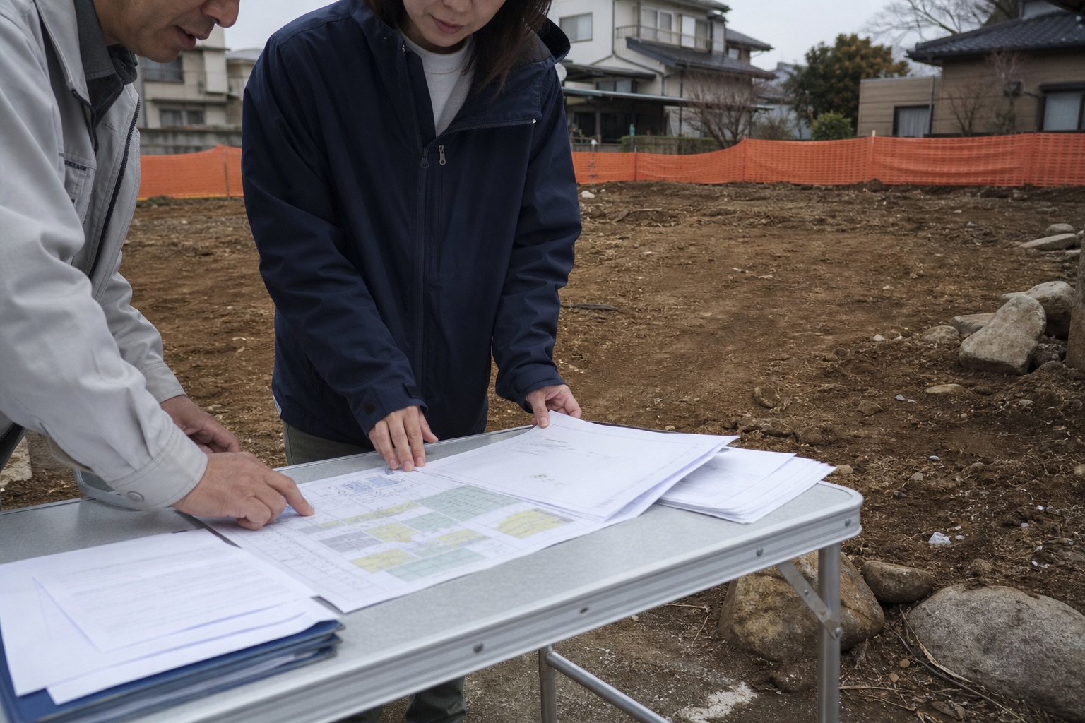 解体後の更地で、担当者が完了書類を確認する様子