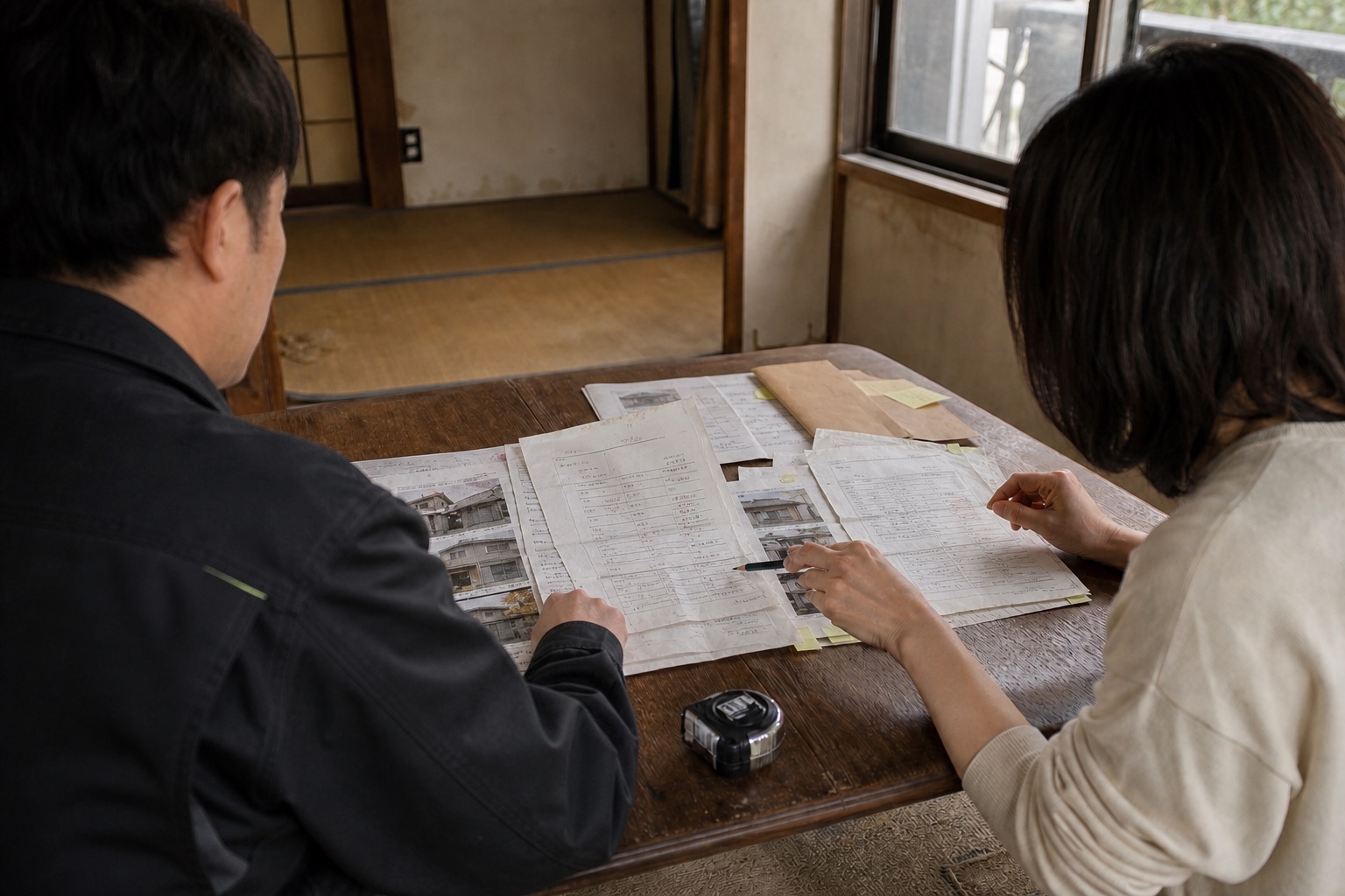 古い家の室内で、複数の解体見積書を机に並べて確認する様子