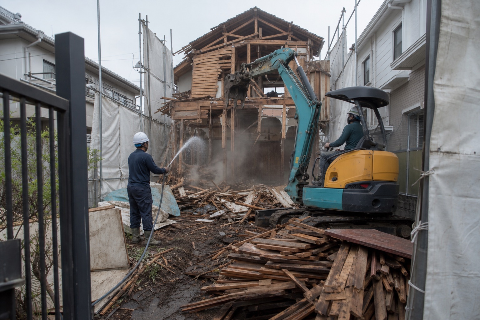 散水しながら重機で木造住宅を解体している現場の様子