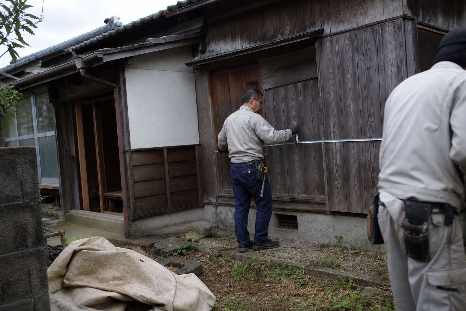 見積り前に空き家の寸法と現場条件を確認する様子