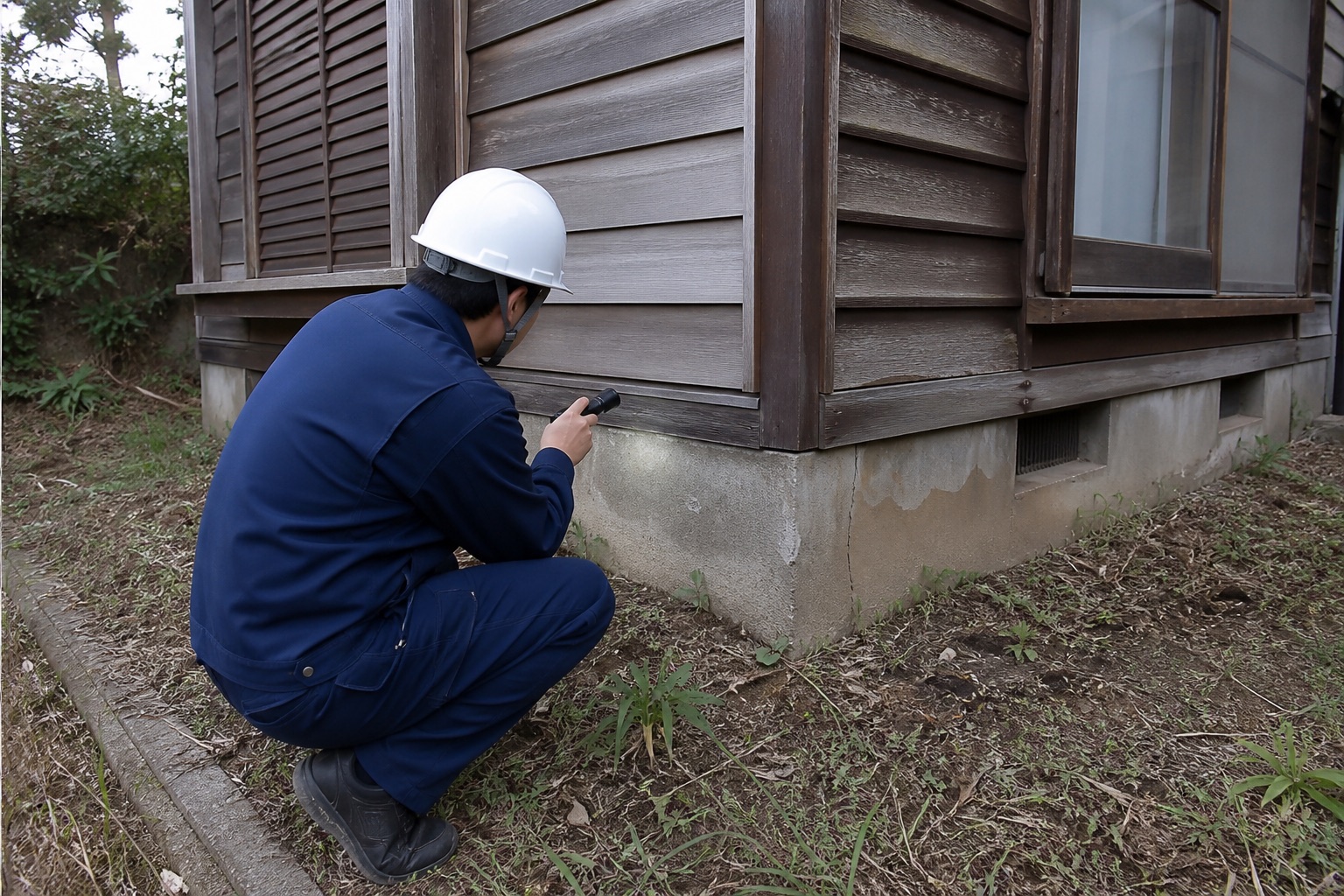 古い木造住宅の基礎と外壁を、作業着とヘルメット姿の職人が確認する様子