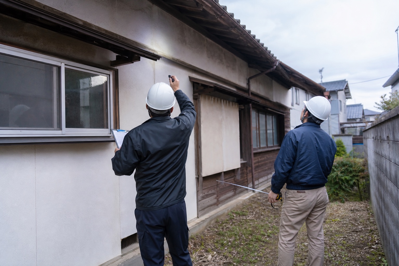 解体前の古い木造住宅を外から確認する様子